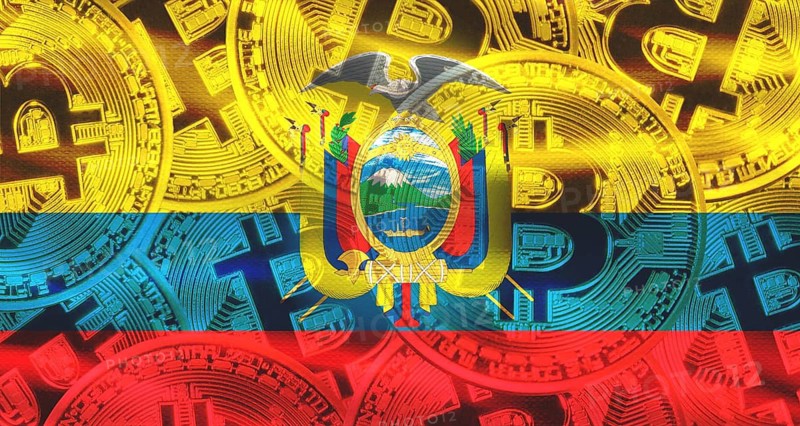 Golden bitcoin coins on Ecuador flag background. Bitcoin coins on Ecuador flag background