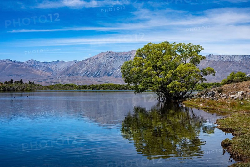 Landscape with lake and mountains. Lake McGregor, Tekapo, Canterbury, South Island, New Zealand