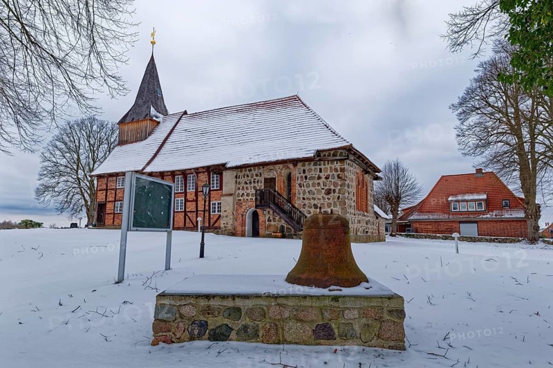 Lassahn village church in the snow in the Schaalsee UNESCO Biosphere Reserve. Lassahn, Mecklenburg-Western Pomerania, Germany