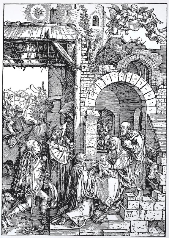 Picture cycle From the Life of the Virgin Mary, the Adoration of the Magi, woodcut by Albrecht Dürer, historical, digital improved reproduction of an old woodcut