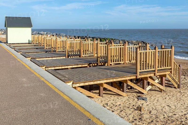 New beach huts built on beach platforms, Return of Beach Huts to the Spa initiative, Felixstowe Spa area, Felixstowe, Suffolk, England, UK