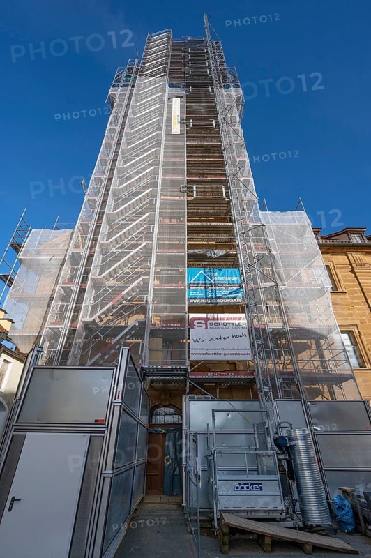 Scaffolding on the tower of the baroque St Boniface's Church, Weißenohe, Upper Franconia, Bavaria, Germany