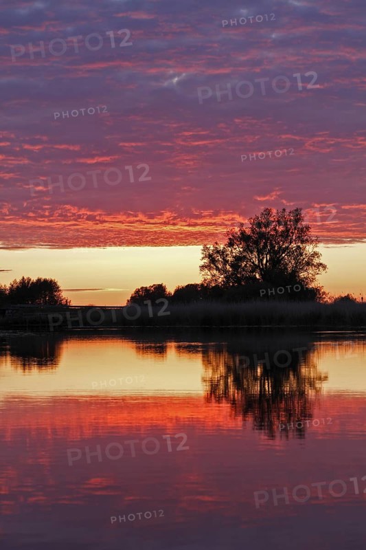 Clouds in the sunset with reflection on the river Trebel, Naturpark Flusslandschaft Peenetal, Mecklenburg-Western Pomerania, Germany