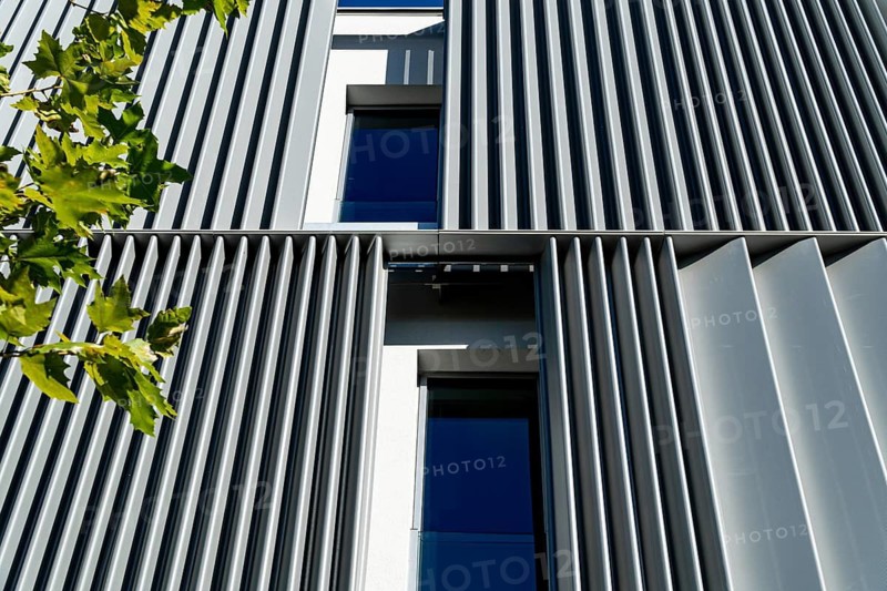 Modern architecture detail showing silver metallic stripes and blue windows among green leaves