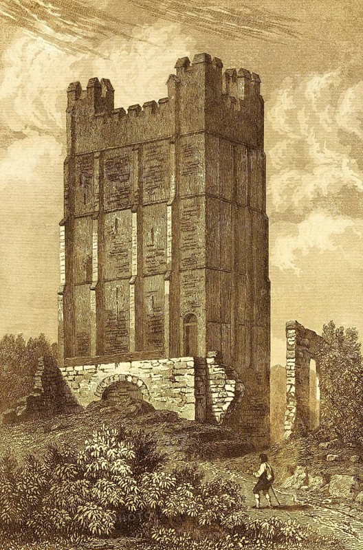 Richmond Castle, Norman Castle, Richmond, North Yorkshire, defensive defence tower, battlements, ruin, hiker, nature, Plantagenet period, medieval England, Great Britain, steel engraving, historical illustration 1842