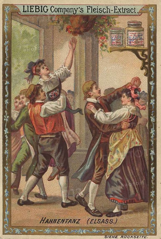 Picture series various dances, the cock dance, here from Alsace, is one of the old rural folk amusements, a typical harvest dance, Liebig picture, digitally restored reproduction of a collective picture from around 1900, public domain, exact date unknown, people celebrate the traditional cock dance in Alsatian costumes in a festive room