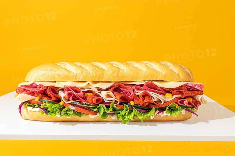 Frontal view of a Submarine sandwich displayed horizontally with layers of meat and fresh vegetables, captured in studio using soft, balanced lighting for a clean and appetizing look
