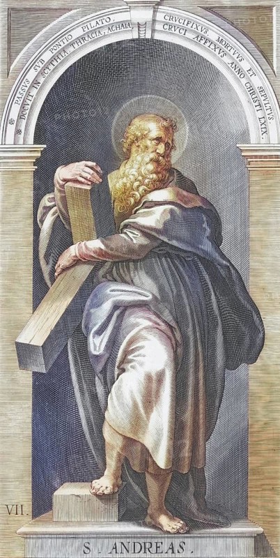 St Andrew, according to the New Testament as well as his brother Simon Peter an apostle of Jesus of Nazareth, saint, coloured woodcut, digital reproduction of a 19th century model, Historical