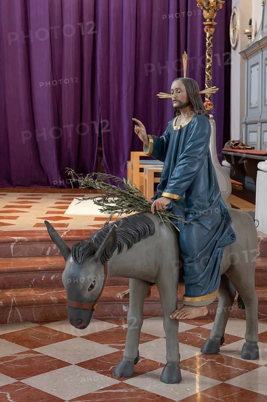 New copy of the Palmesel, formerly 16th century, in St Nicholas Church, Tannheim, district of Reutte in Tyrol, Austria