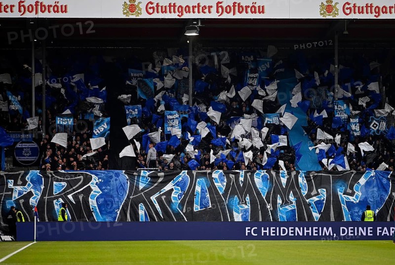 Fan block, fans, fan curve, flags, atmosphere, atmospheric Hamburger SV HSV soccer Bundesliga, Voith Arena, Heidenheim, Baden-Württemberg, Germany