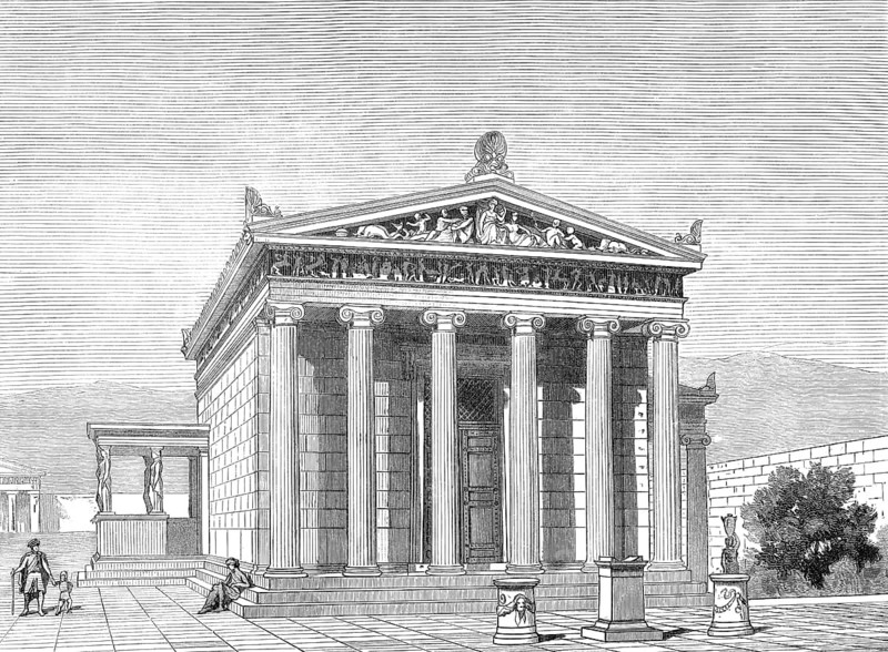 Reconstruction of the Erechtheion or Erechtheum, an ancient Greek temple on the north side of the Acropolis of Athens in Greece, 5th Century BC