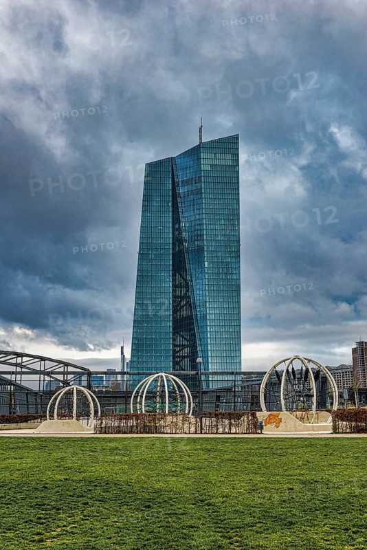 European Central Bank (ECB) in front of dramatic clouds, harbour park, Frankfurt am Main, Hesse, Germany
