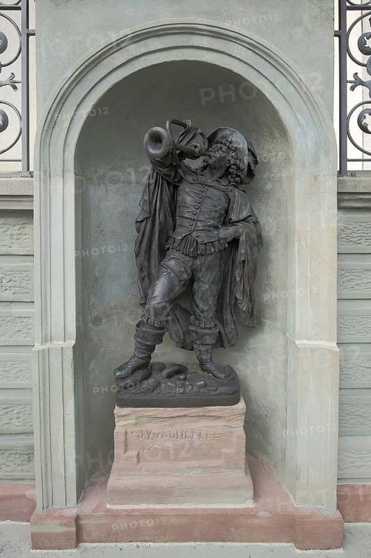 Bronze sculpture and memorial to trumpeter from Säckingen, landmark, trumpet, making music, trumpeter castle, Schönau Castle, Bad Säckingen, Southern Black Forest, Black Forest, Baden-Württemberg, Germany