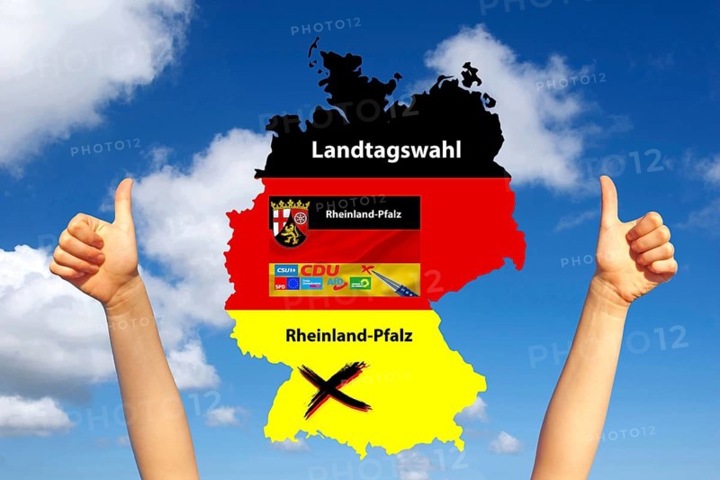 State elections, state elections Rhineland-Palatinate, map of Germany, country flag, studio photo, Lower Saxony, Federal Republic of Germany