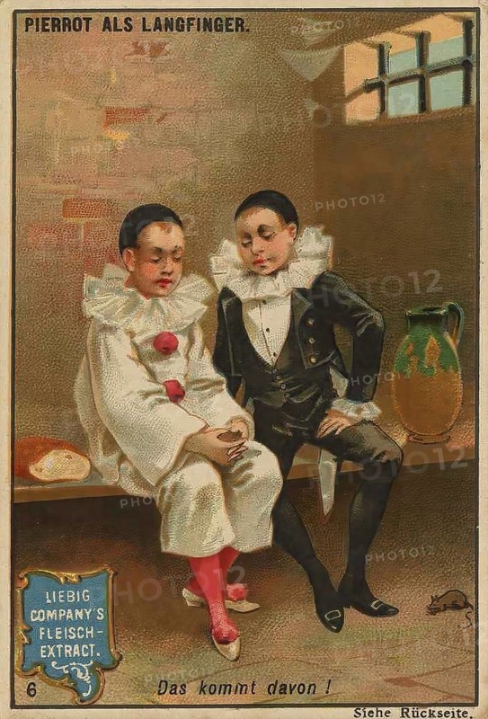 Series Stories of Pierrot, as thief, long finger, sentenced to a punishment, sits in prison, Liebig picture, digitally restored reproduction of a collector's picture from ca 1900, public domain, exact date unknown, Two clowns in a dungeon, one in a white costume, another in a black suit