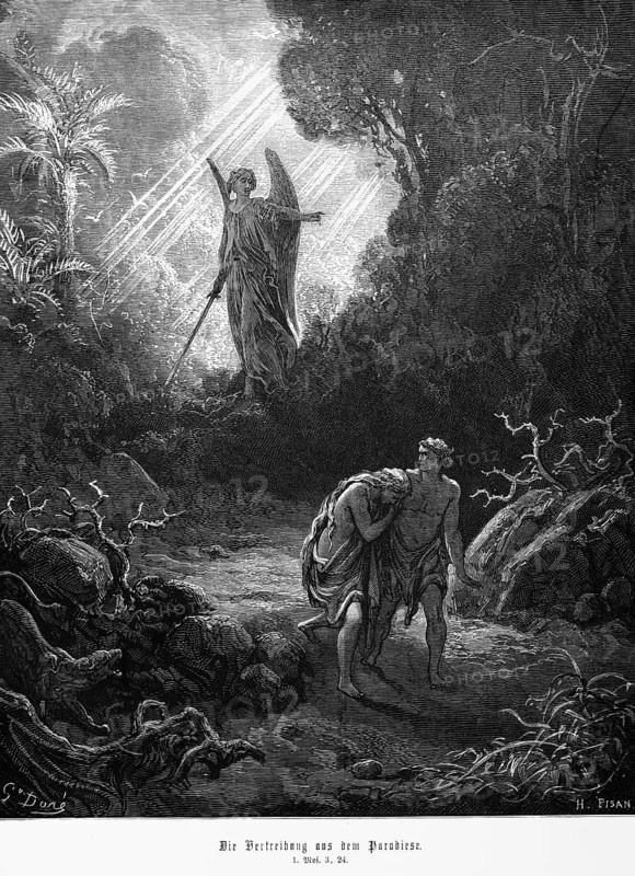 Bible, expulsion from paradise, Genesis 1, §, 24, Moses, Old Testament, ray of light, angel, Adam and Eve, prohibition, disobedience, plants, trees, historical illustration 1885