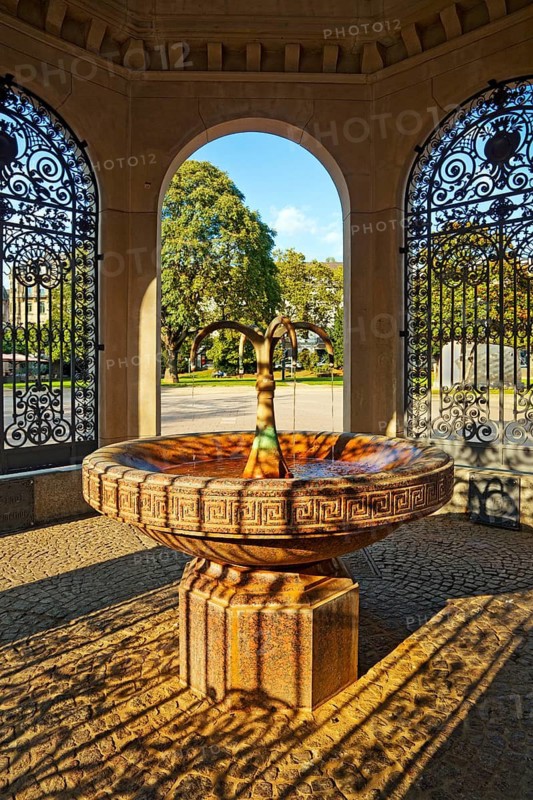 In the pavilion of the historic Kochbrunnen, sodium chloride thermal spring, drinking cure, Kochbrunnenplatz, Wiesbaden, Hesse, Germany