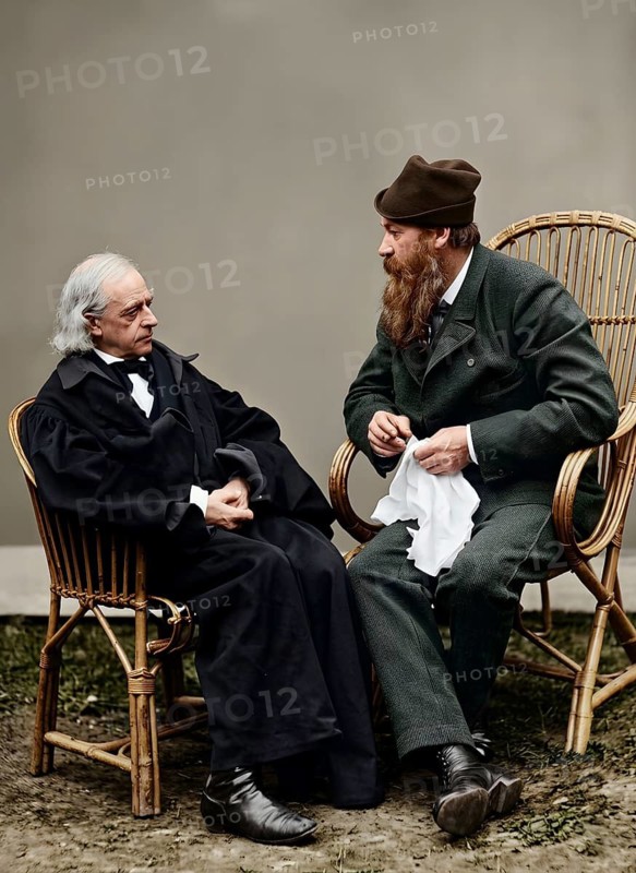 Portrait of historian and lawyer Theodor Mommsen talking with sculptor Reinhold Begas, writer, historical figure, historical illustration, digitally edited