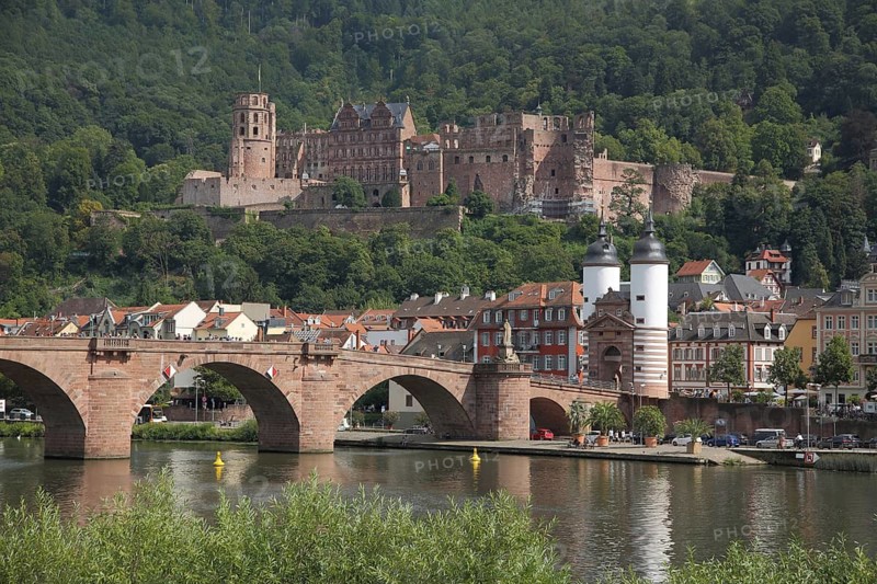 Cityscape with Neckar, Castle and Old Bridge with Bridge Gate, Karl Theodor Bridge, landmark, Heidelberg, Baden-Württemberg, Germany