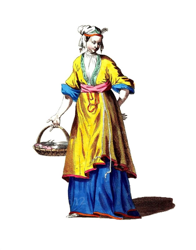 Historical clothing, fashion in the course of time, clothing of a maid in China, 18th century, digitally restored reproduction of a model from the 18th/19th century, exact date unknown, woman in yellow historical dress with basket and headscarf on white background