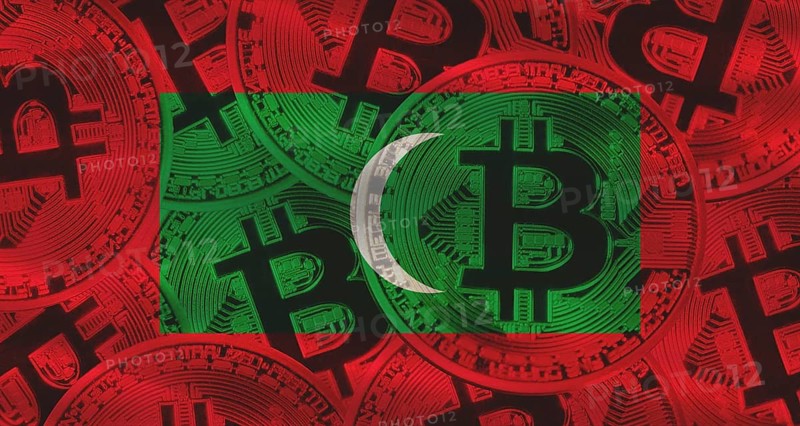 Bitcoin coins on Maldives flag background. Golden bitcoin coins on Maldives flag background