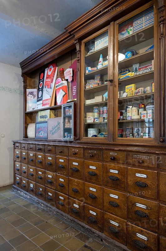 Former Thuringian drugstore from 1898, used as a corner shop from 1920 to 1960, now in the Industrial Museum, Sichardstr., Lauf an der Pegnitz, Middle Franconia, Bavaria, Germany