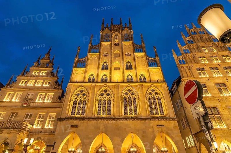 The historic town hall at dusk, Münster, North Rhine-Westphalia, Germany