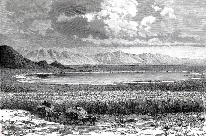 Lake Barkul, Lake Barkol, in the east of the Tian Shan Mountains near the town of Barkol, Chinsi, 1895, China, illustration, reproduction from a model from the 19th century. Authentic, file restored for optimal use, exact date of original unknown, historic, vast landscape with mountains and lake, under a dramatically cloudy sky, carriage in the foreground