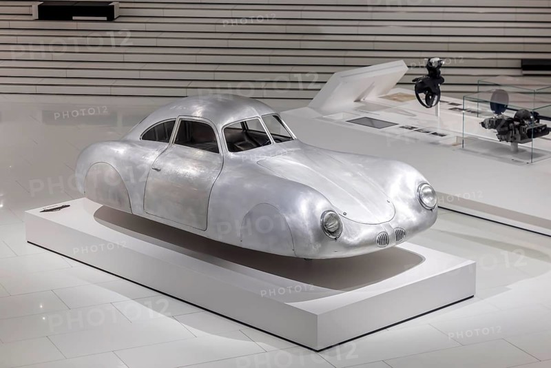 Porsche Museum Stuttgart. The Porsche Type 64, built in 1939, is the forefather of all Porsche sports cars. The automotive museum of Dr. Ing. h.c. F. Porsche AG shows racing cars and iconic cars from automotive history. interior view. Zuffenhausen, Stuttgart, Baden-Württemberg, Germany