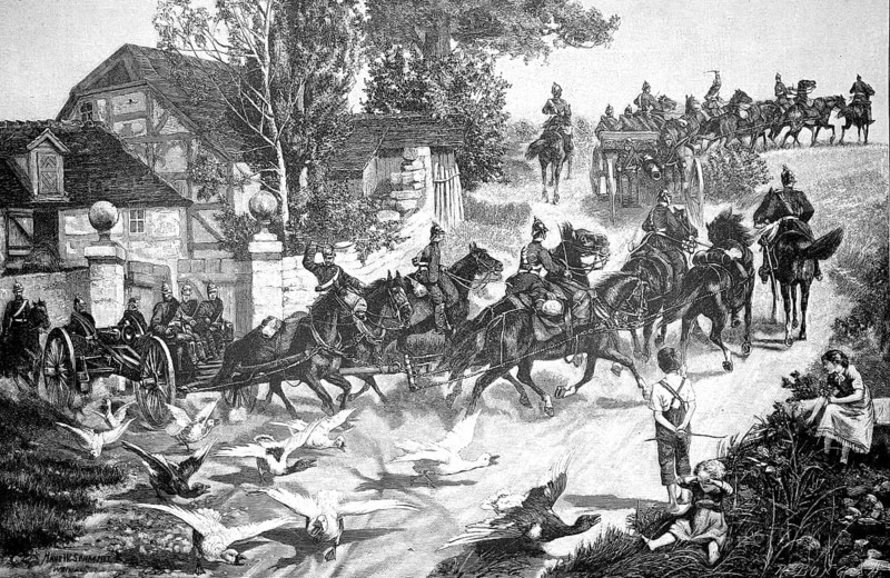 Autumn maneuvers of the Prussian Guard, the geese in the village fleeing from horses and carriages, 1898, authentic, digitally restored reproduction from a 19th century model, exact date of depiction unknown, historical, A group of soldiers moving in carriages through a village while children and animals play next to the road