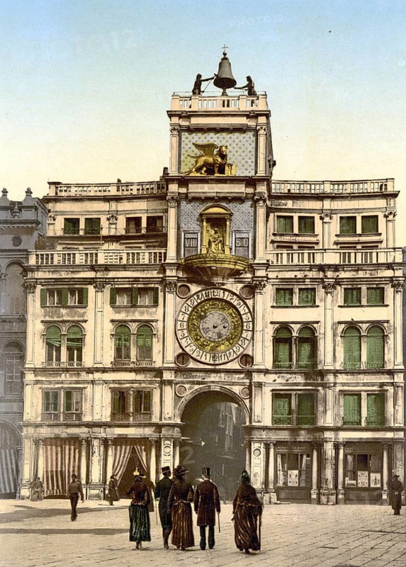 The clock, Venice, Italy, Historic, digitally restored reproduction from a 19th century original, Record date not stated, The Horologe, Venice, Italy, Historic, digitally restored reproduction from a 19th century original, Record date not stated