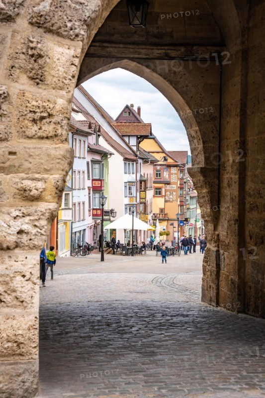 Lively historic alleyway lane in Germany's oldest town, Rottweil, Germany