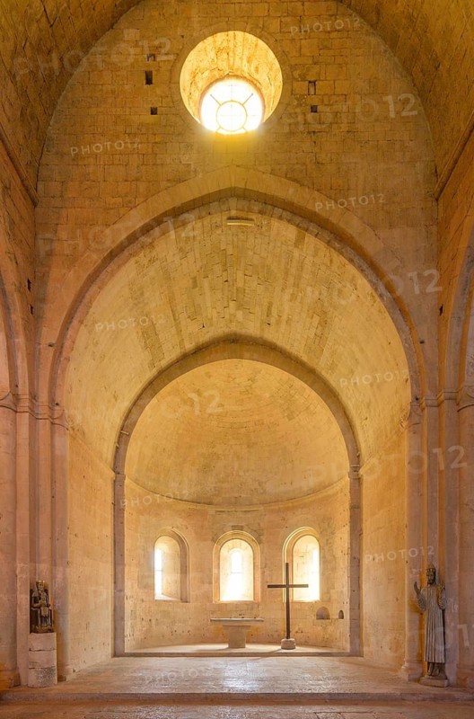 View of the altar in the church of the Romanesque Cistercian abbey of Le Thoronet, Département Var, France
