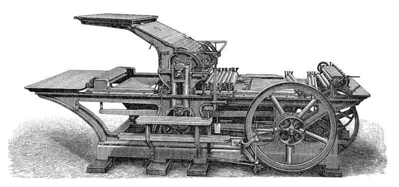 Historical illustration, 19th Century, Industrial Lithography printing press, Druckmaschine, Schnellpresse für Steindruck, Lithografie, historische Zeichnung, 19. Jahrhundert