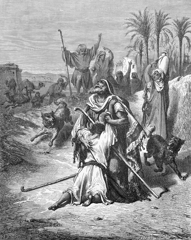 The prodigal son in his father's arms, Luke chapter 15, verse 20, landscape, path, distance from home, meeting, hug, joy, meeting, dogs, kisses, looking at the sky, God, compassion, woman, pitcher, people, place, palm trees, kneeling, rags, clothing, worries, home, Christian religion, Bible, New Testament, steel engraving Doré, historical illustration 1885