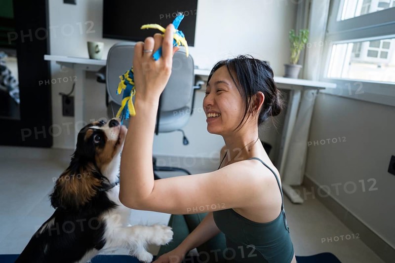 Young Asian woman attempts a home workout while her energetic dog playfully interrupts her exercise routine. The scene captures joyful moments between pet and owner