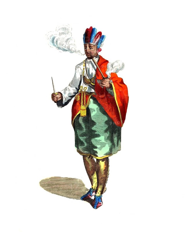 Historical clothing, fashion through the ages, clothing of a Delaware Indian with his tomahawk scalping knife, 18th century, America, digitally restored reproduction of an 18th/19th century original, exact date unknown, man with pipe in colourful, splendid traditional clothing, eccentric and smoking