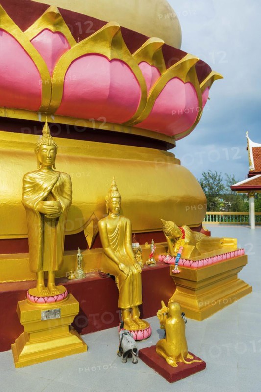 Sculptures at Wat Phra Yai, Buddhist Temple, Big Buddha Temple, religion, Buddhism, figure, statue, sculpture, worship, God, sacred, world religion, spiritual, Buddha, Asian, deity, human figure, monument, sage, wisdom, image, religious, travel, tourism, art, history, cultural history, cult, icon, architecture, gold, golden, gilded, culture, peaceful, faith, monument, public, Koh Samui, Thailand