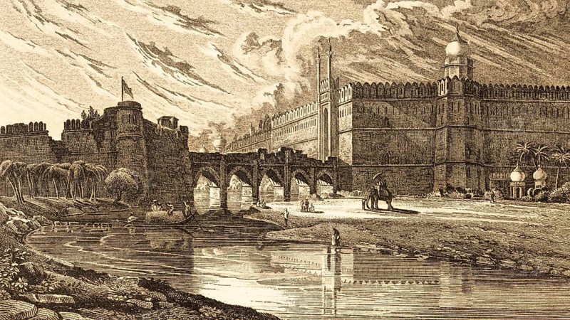 Delhi Palace and Selim Gurh or Salimgarh Fort, Dheli, India, 16th century castle, round corner towers, stone bridge, arched bridge, water reflection, Yamuna river, people, elephant, steel engraving, historical illustration 1834