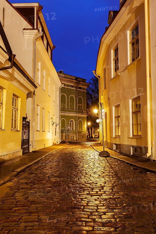 Tallinn Old Town street with cobblestones in night, Estonia