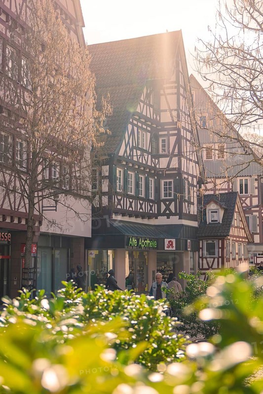 Cosy old town with half-timbered houses and warm spring light, Calw, Black Forest, Germany