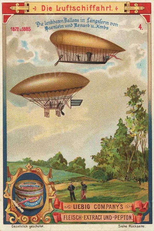 Series Die Luftschiffahrt, Luftschifffahrt, steerable balloons in longitudinal form by Hänlein and Renard and Krebs, 1872, 1885, Liebig image, digitally restored reproduction of a collective image from ca 1900, public domain, exact date unknown, image of steerable balloons by Hagemann and Krebs over a wooded landscape between 1872 and 1885
