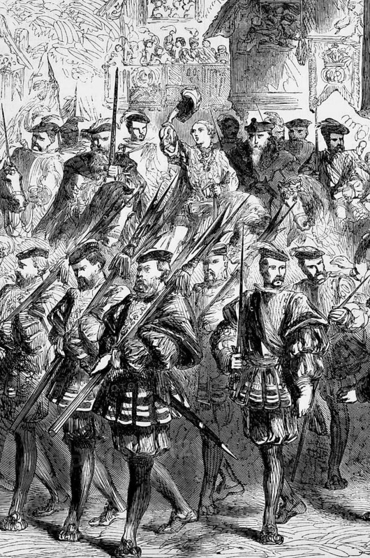 Edward VI (1537 to 1553), King of England and Ireland, enters London. The son of Henry VIII and Jane Seymour was crowned on 20 February 1536 at the age of nine and ruled England until his death, digital reproduction of a historical model