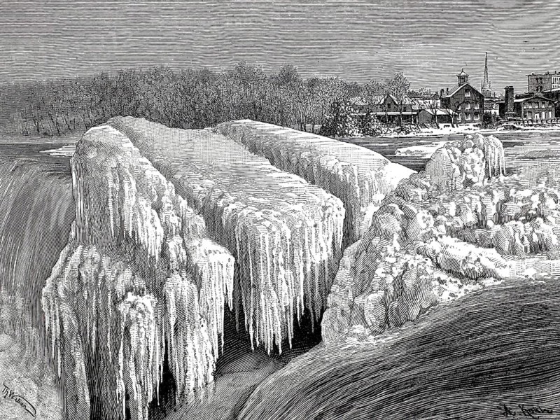 Ice island in the middle of the frozen Niagara Waterfall, 1896, Canada, America, illustration, reproduction from a 19th century model. Authentic, file restored for optimal use, exact date of original unknown, historical, snowy river landscape with icicles and a village in the background