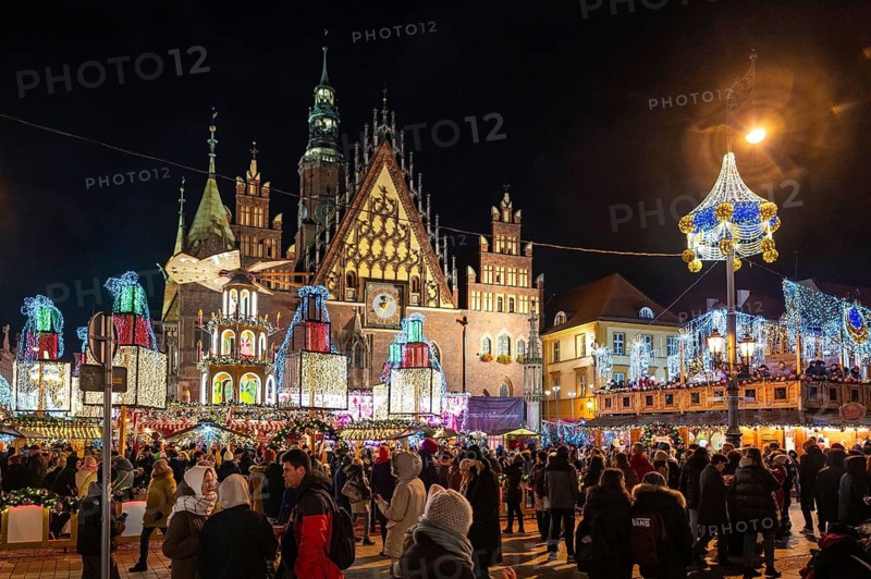 WROCLAW, POLAND - NOVEMBER 24, 2023: Traditional Christmas fair called Jarmark Bozonarodzeniowy in market square.