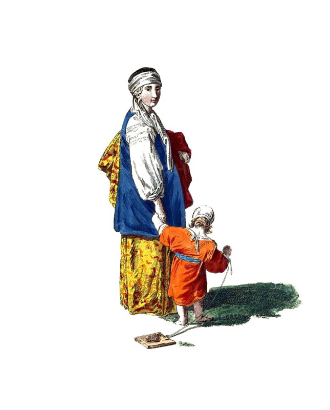 Historical clothing, fashion in the course of time, clothing of a merchant's woman, merchant's woman from Russia in 1765, digitally restored reproduction of a model from the 18th/19th century, exact date unknown, mother with child in traditional clothing, she holds the child by the hand