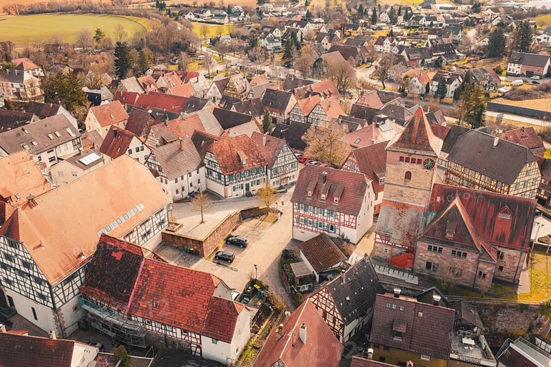 Historic old town with a central church and many traditional half-timbered houses, Ötisheim, Enzkreis, Germany