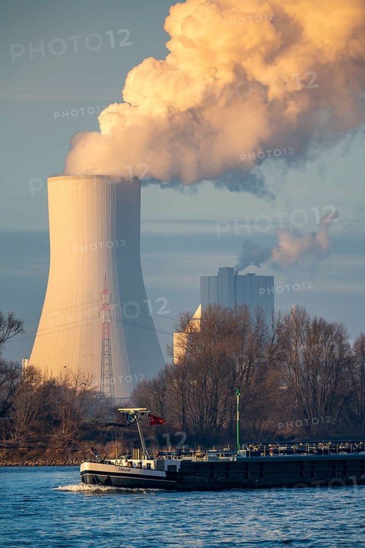 Cooling tower of the coal-fired power plant Duisburg-Walsum, operated by STEAG and EVN AG, 181 metres high, power plant unit 10, water vapour cloud, container cargo ship on the Rhine, Duisburg, North Rhine-Westphalia, Germany