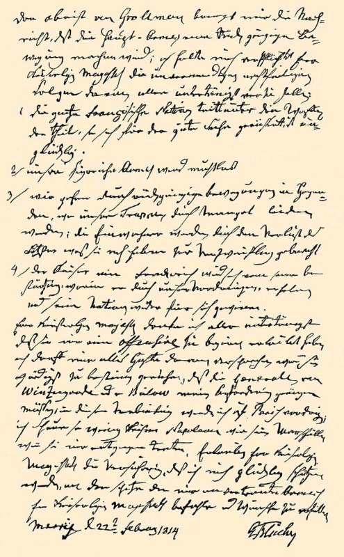 Hand-written letter by Gebhard Leberecht von Bluecher to Alexander I, Emperor of Russia, 1814