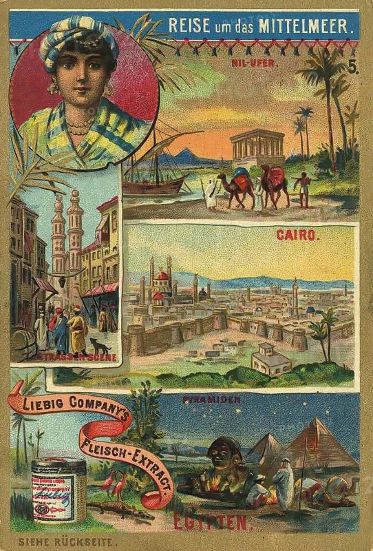 Picture series Journey around the Mediterranean, Egypt, Liebig picture, digitally restored reproduction of a collector's picture from ca 1900, public domain, exact date unknown, scenery from Egypt shows the Nile, pyramids and the busy street life of Cairo